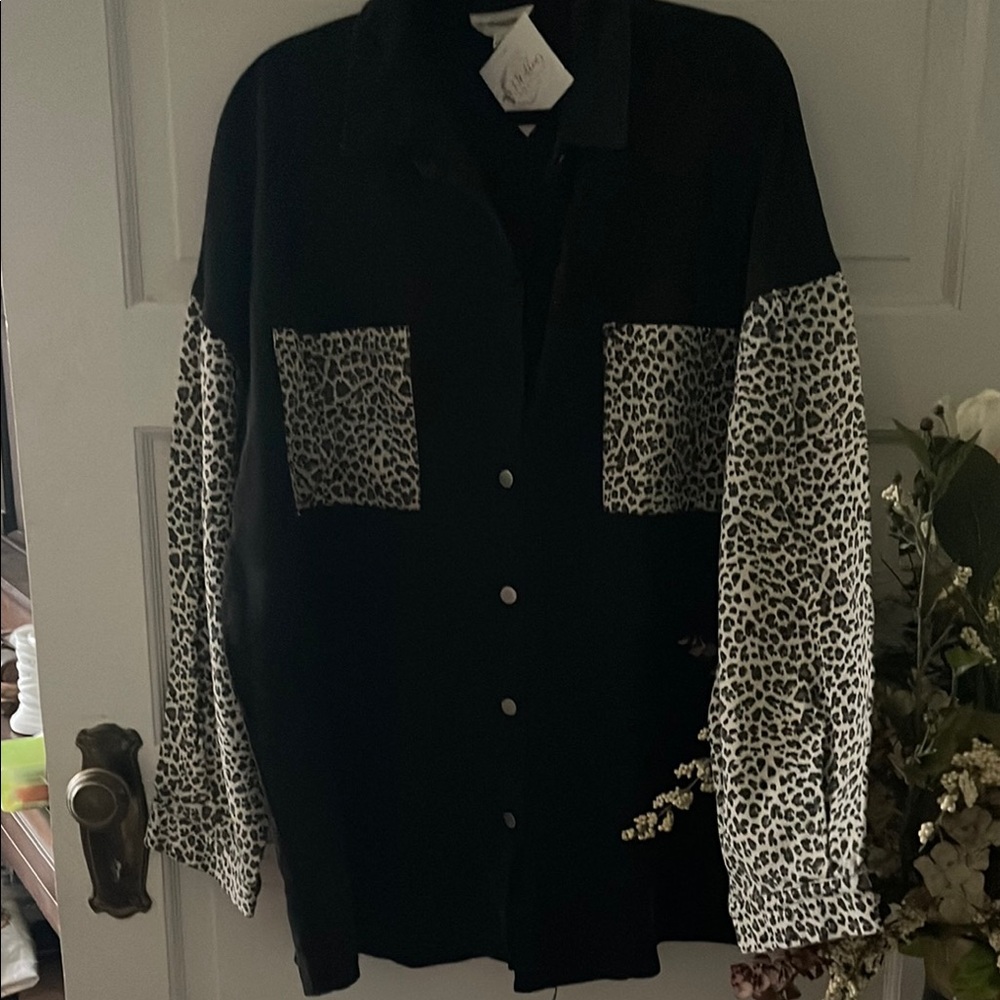 Black and White Leopard Print Button-Up Shirt